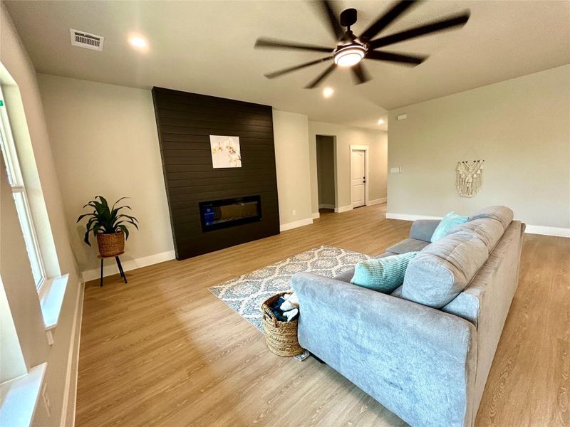 Shiplap surrounding the electric fireplace. Shiplap surrounding the electric fireplace.