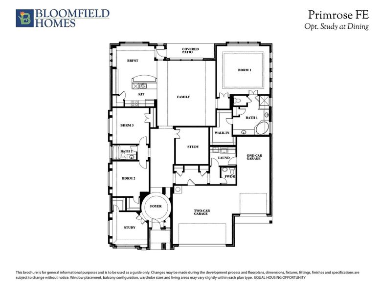 Bloomfield Homes Primrose FE floor plan with three bedrooms, study, family room, and two-car garage layout.