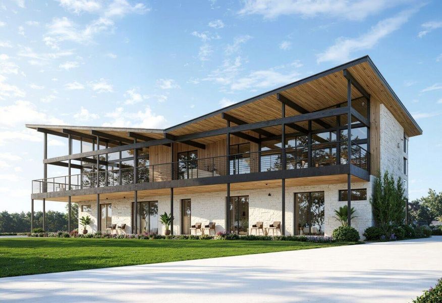 Back of house with a yard, a balcony, and stone siding Back of house with a yard, a balcony, and stone siding