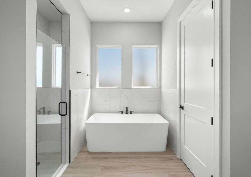 Serene master bathroom.