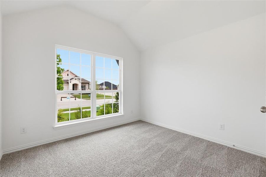 Carpeted room featuring a large window with grid panes, white trim, white walls, and a vaulted ceiling