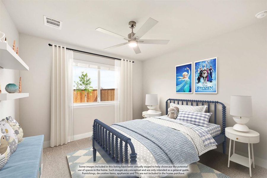 Children's bedroom with navy blue bed frame, ceiling fan, and movie posters on the wall