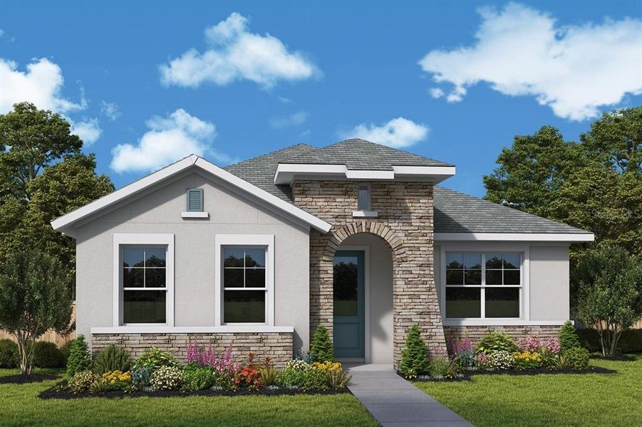 Front exterior of a new home in Vistera of Venice – Cottage Series, Nokomis, FL, highlighting curb appeal (Image 1).
