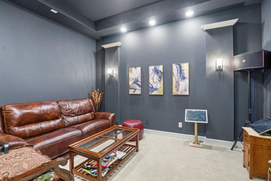 Carpeted home theater featuring baseboards Carpeted home theater featuring baseboards