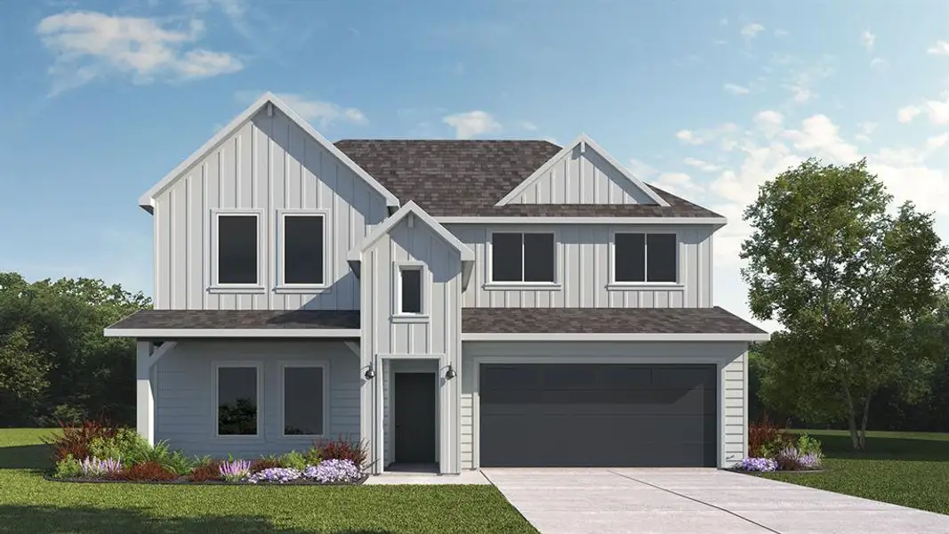 Modern farmhouse with roof with shingles, board and batten siding, an attached garage, and a front lawn Modern farmhouse with roof with shingles, board and batten siding, an attached garage, and a front lawn
