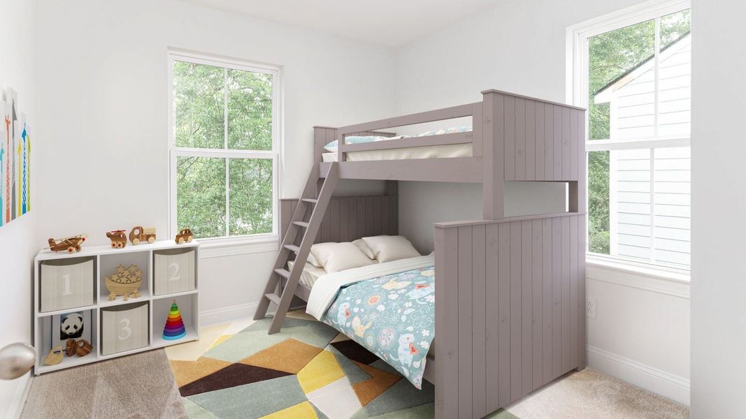 Secondary bedroom with 2 large windows on adjacent walls in a DRB Homes Brookgreen model home