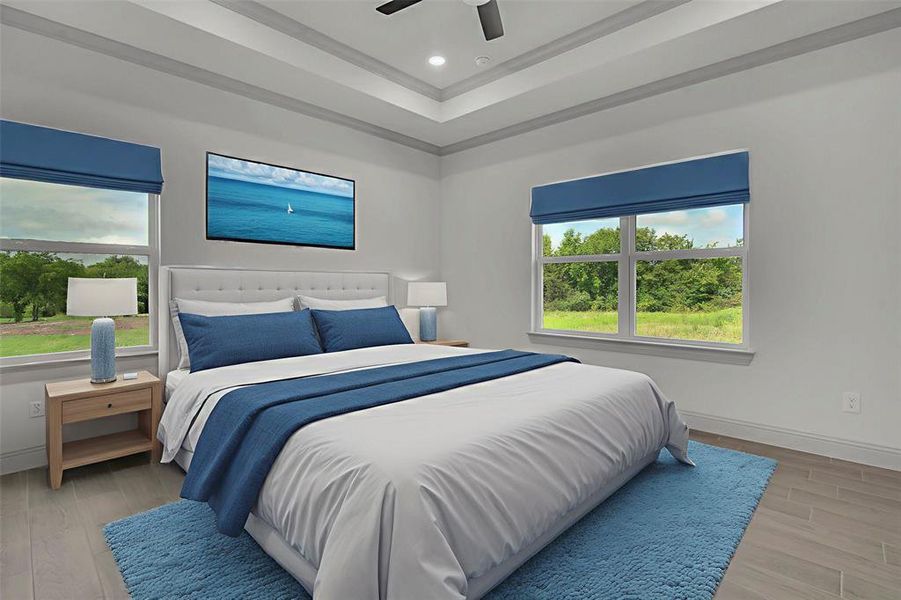 Bedroom with multiple windows, light wood-style floors, a raised ceiling, recessed lighting, and a ceiling fan, virtually staged Bedroom with multiple windows, light wood-style floors, a raised ceiling, recessed lighting, and a ceiling fan, virtually staged