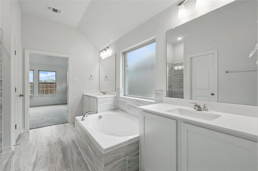 Full bathroom with a sink, lofted ceiling, a bath, and visible vents Full bathroom with a sink, lofted ceiling, a bath, and visible vents