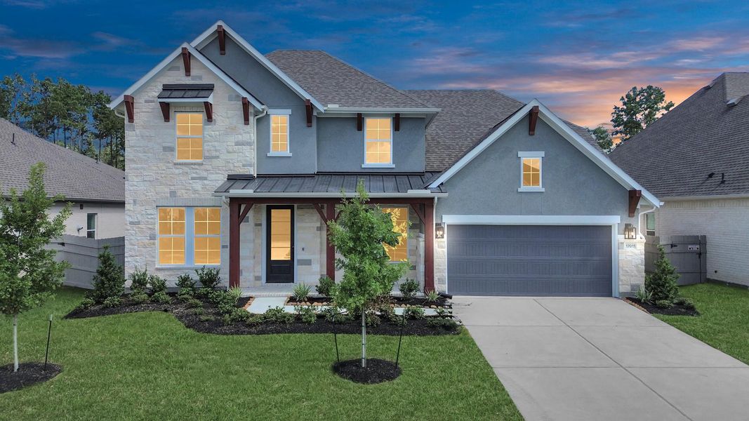 Front exterior of a new home in ARTAVIA: Hilltop Collection, Conroe, TX, highlighting curb appeal (Image 20). Front exterior of a new home in ARTAVIA: Hilltop Collection, Conroe, TX, highlighting curb appeal (Image 20).