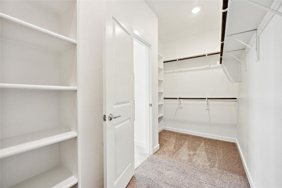 Spacious closet with light colored carpet