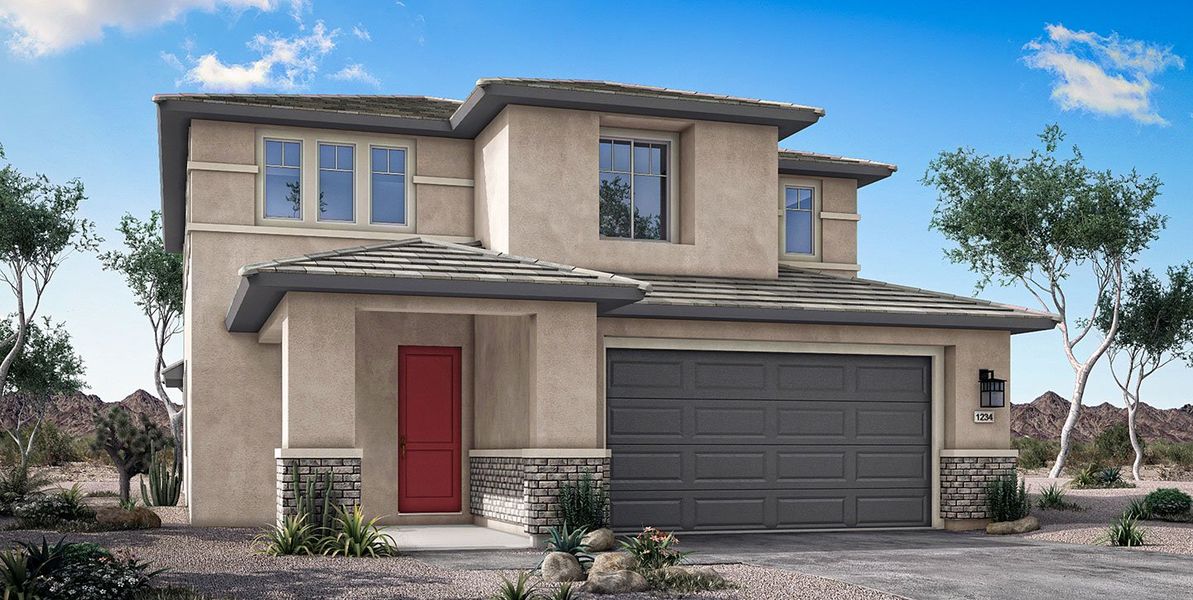 Front exterior of a new home in Mesquite at North Creek, Queen Creek, AZ, highlighting curb appeal (Image 22). Front exterior of a new home in Mesquite at North Creek, Queen Creek, AZ, highlighting curb appeal (Image 22).