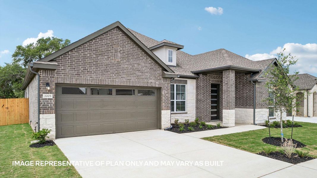 Front exterior of a new home in Rosenbusch Ranch, Leander, TX, highlighting curb appeal (Image 17). Front exterior of a new home in Rosenbusch Ranch, Leander, TX, highlighting curb appeal (Image 17).