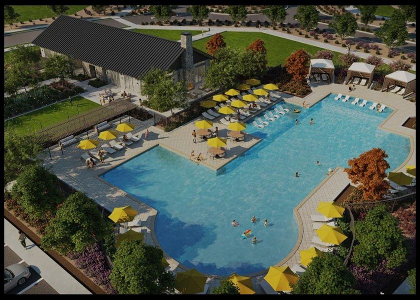 Community pool with a patio area and a water play area