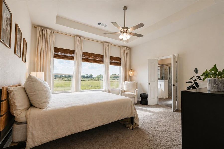 Bedroom featuring a tray ceiling, ceiling fan, and carpeted flooring