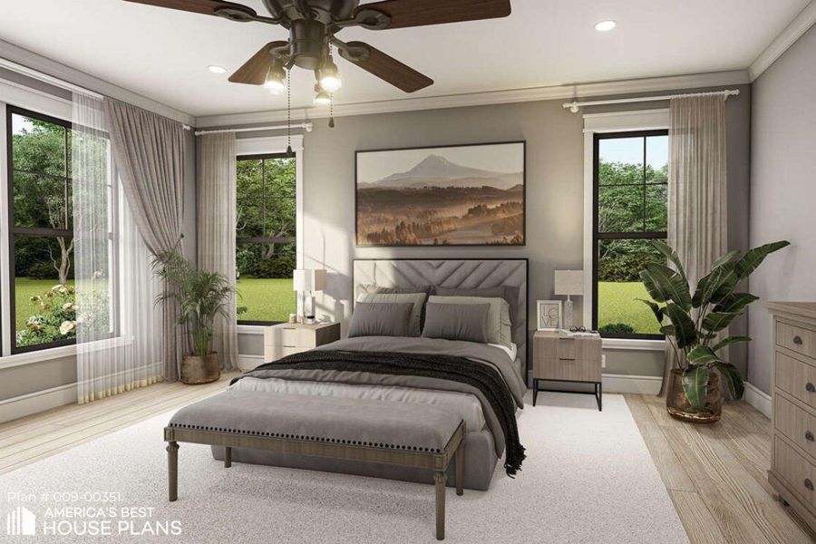 Bedroom with crown molding, light wood-style floors, multiple windows, a ceiling fan, and recessed lighting
