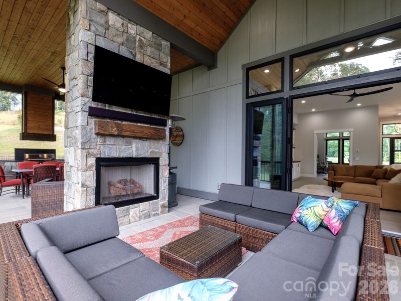 Outdoor living room with fireplace
