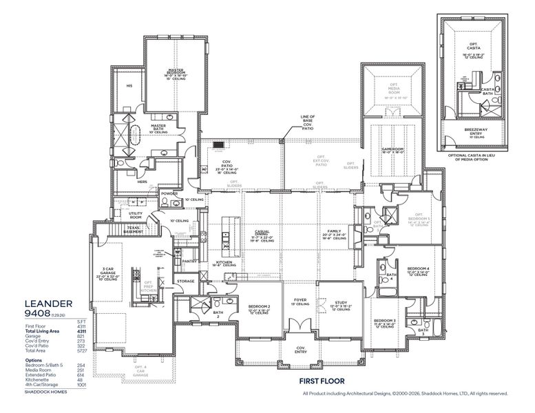 2D floor plan layout for the Leander - 9408 by Shaddock Homes in King's Crossing - Phase 3, Parker, TX (Image 3).