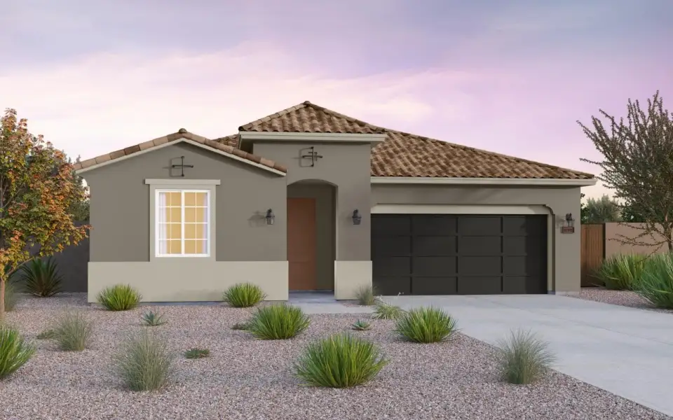 Front exterior of a new home in Blossom Rock, Apache Junction, AZ, highlighting curb appeal (Image 1). Front exterior of a new home in Blossom Rock, Apache Junction, AZ, highlighting curb appeal (Image 1).