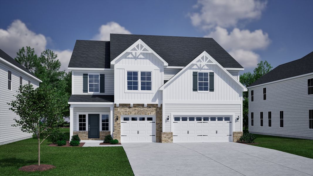 Front exterior of a new home in Arcadia, Myrtle Beach, SC, highlighting curb appeal (Image 1). Front exterior of a new home in Arcadia, Myrtle Beach, SC, highlighting curb appeal (Image 1).