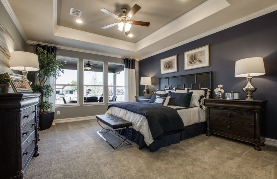 Owner's suite with tray ceiling and views of backyard or extended covered patio