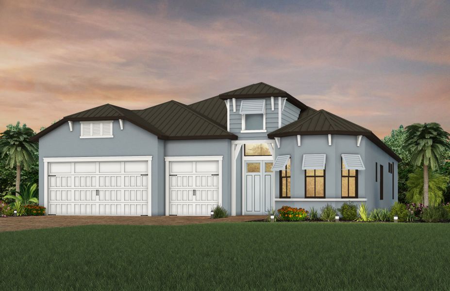 Representative exterior photo of a completed home built from the Layton by DiVosta in Talon Preserve on Palmer Ranch, Nokomis, FL (Image 24). Representative exterior photo of a completed home built from the Layton by DiVosta in Talon Preserve on Palmer Ranch, Nokomis, FL (Image 24).