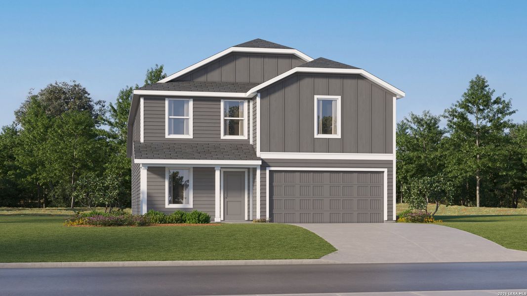 Front exterior of a new home in Voss Farms, New Braunfels, TX, highlighting curb appeal (Image 20).