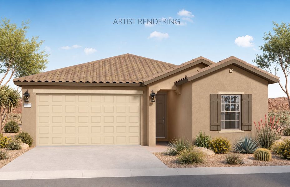 Representative exterior photo of a completed home built from the Sunbird by Pulte Homes in San Madera, Buckeye, AZ (Image 2). Representative exterior photo of a completed home built from the Sunbird by Pulte Homes in San Madera, Buckeye, AZ (Image 2).