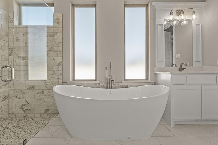 Bathroom with vanity, a wealth of natural light, and separate shower and tub