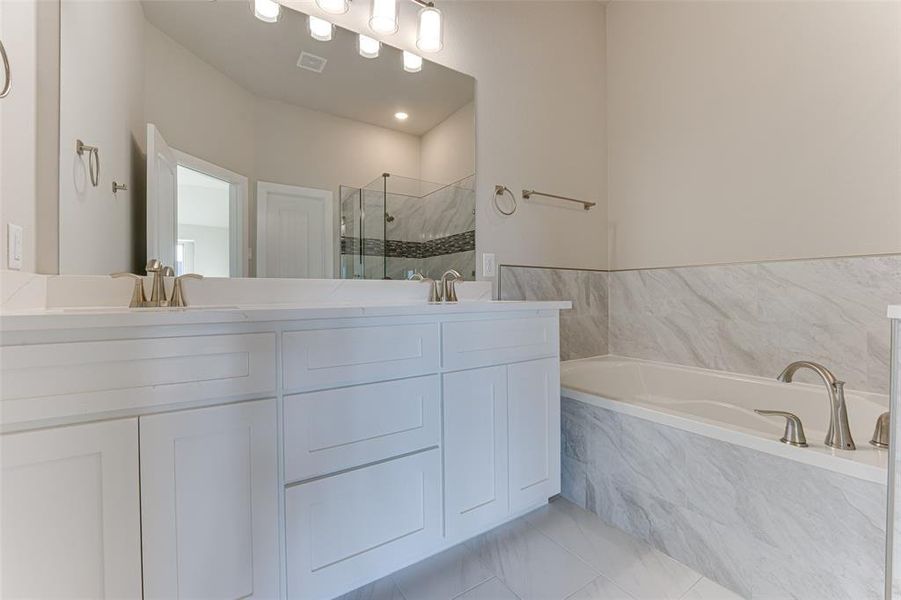 Bathroom with vanity and independent shower and bath