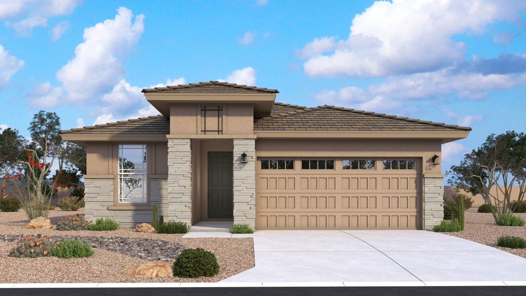 Representative exterior photo of a completed home built from the Camellia by DRB Homes in Saguaro Hills at Vistancia, Peoria, AZ (Image 4). Representative exterior photo of a completed home built from the Camellia by DRB Homes in Saguaro Hills at Vistancia, Peoria, AZ (Image 4).