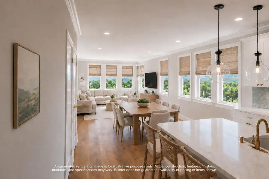Wide-plank hardwood floors, crown molding, and an open layout that takes you from the kitchen island all the way to the family room without missing a conversation — this is a home that brings people together. AI-generated rendering; finishes may vary.