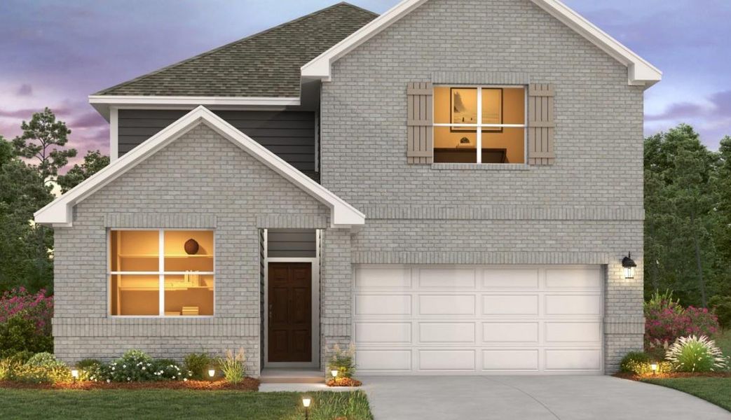 Front exterior of a new home in Covered Bridge, Hutto, TX, highlighting curb appeal (Image 2). Front exterior of a new home in Covered Bridge, Hutto, TX, highlighting curb appeal (Image 2).