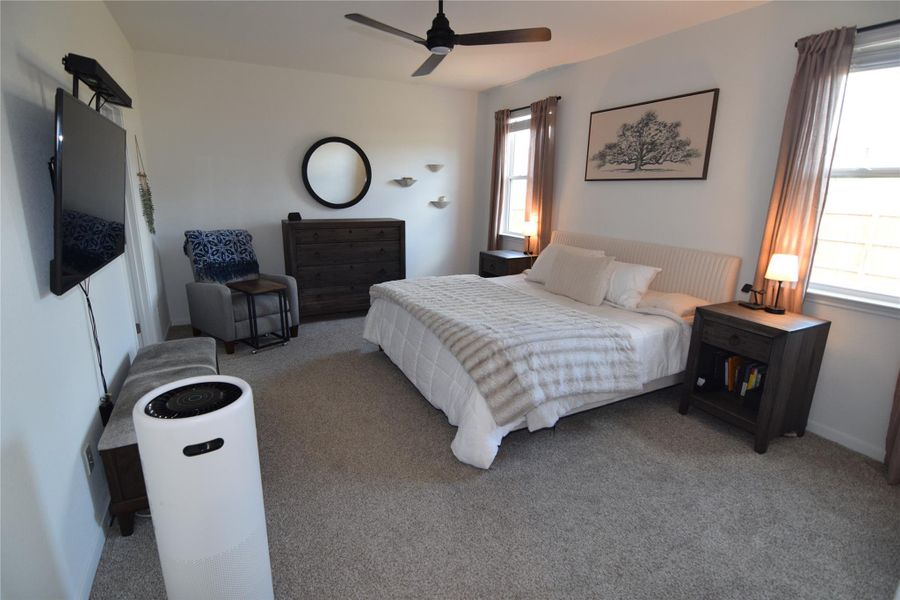 Plush wall-to-wall carpeting and multiple windows define this comfortable primary suite.