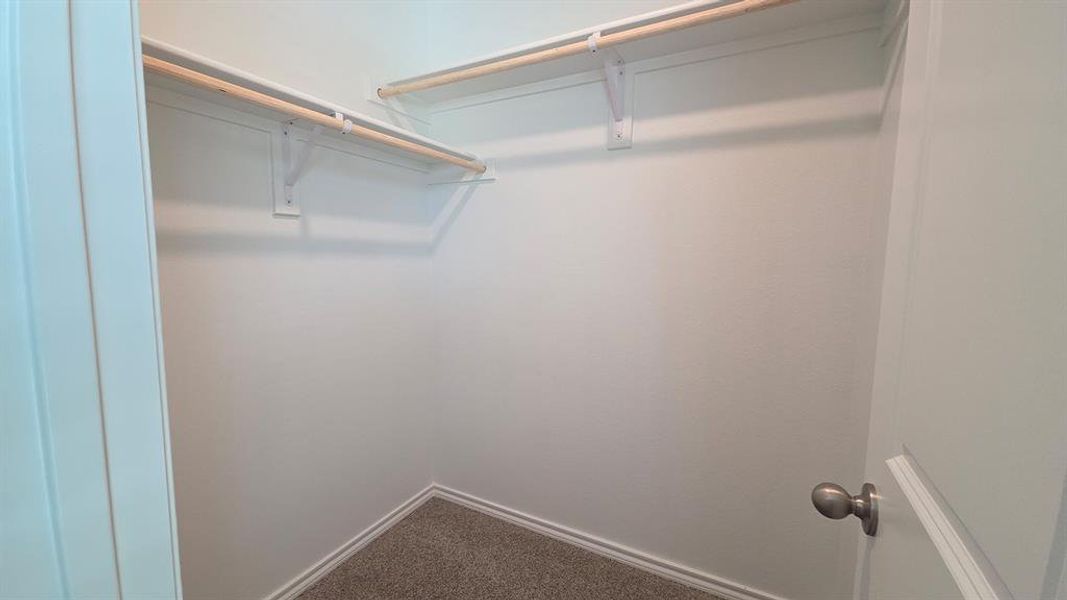Walk-in closet featuring white walls, baseboards, and light brown carpet Walk-in closet featuring white walls, baseboards, and light brown carpet