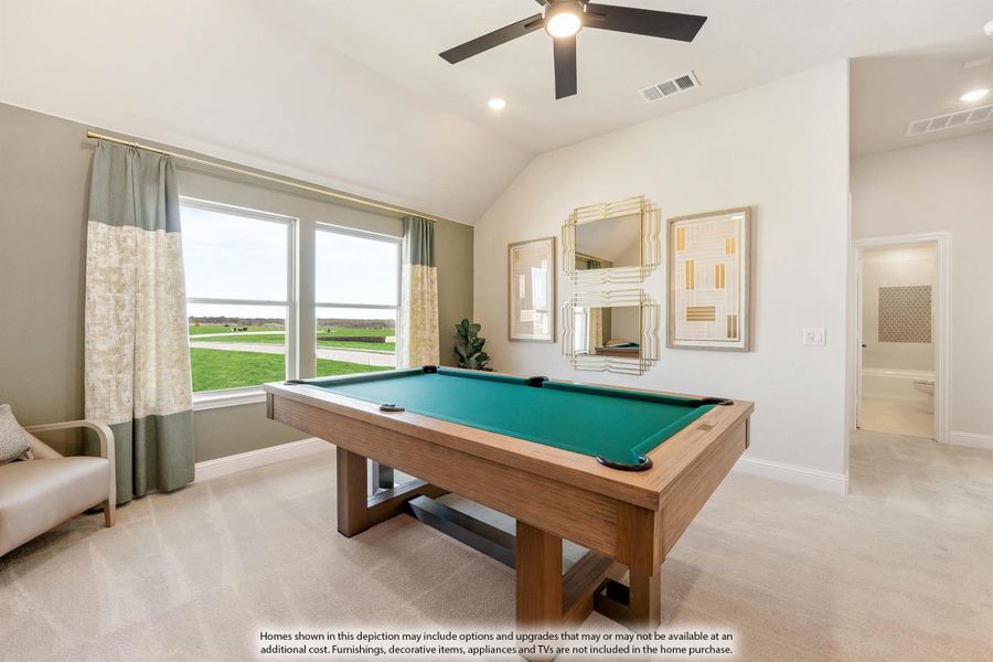 Game room with pool table, vaulted ceiling, ceiling fan, and large windows with outdoor views