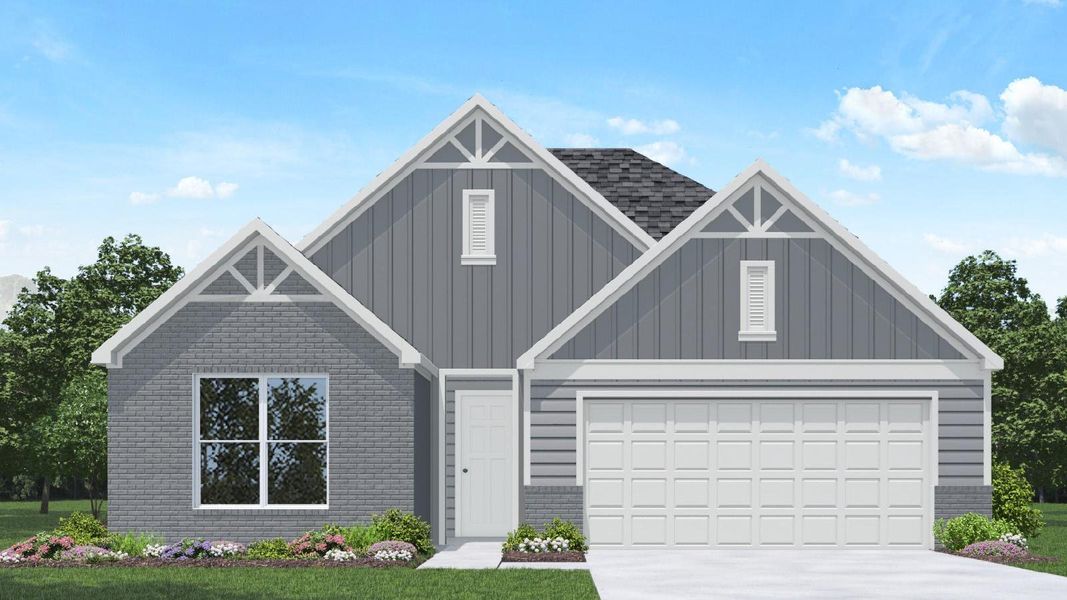 Front exterior of a new home in Silverthorne, Conroe, TX, highlighting curb appeal (Image 16). Front exterior of a new home in Silverthorne, Conroe, TX, highlighting curb appeal (Image 16).