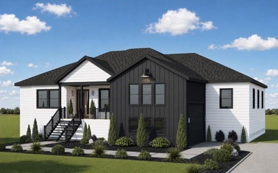 Renderings and AI-generated images are for representation purposes only and may not reflect the final product. Planned visual of the front exterior of elevated home. Shows expected color palette and material. Property is under construction planned to be complete end of June 2026. Renderings and AI-generated images are for representation purposes only and may not reflect the final product. Planned visual of the front exterior of elevated home. Shows expected color palette and material. Property is under construction planned to be complete end of June 2026.