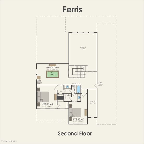 2D floor plan layout for the Ferris by Pulte Homes in Corley Farms, Boerne, TX (Image 5).