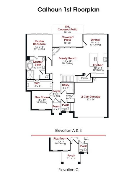 2D floor plan layout for the Calhoun by Kendall Homes in River Ranch, Dayton, TX (Image 3).