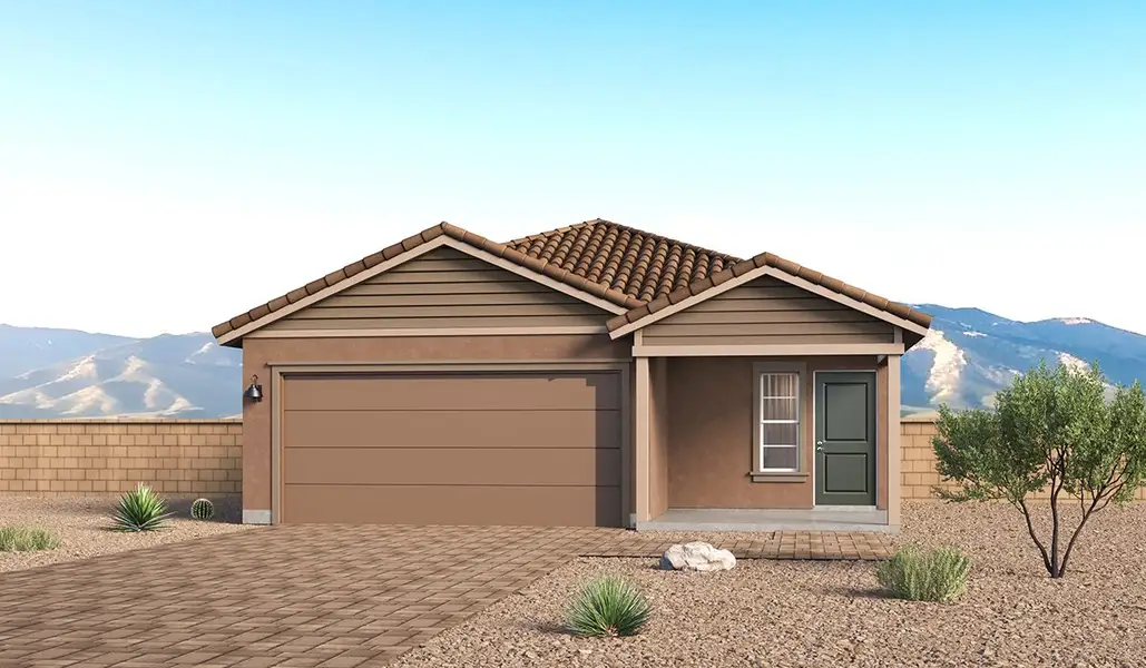 Front exterior of a new home in Entrada Del Toro at Rancho Sahuarita, Sahuarita, AZ, highlighting curb appeal (Image 1). Front exterior of a new home in Entrada Del Toro at Rancho Sahuarita, Sahuarita, AZ, highlighting curb appeal (Image 1).
