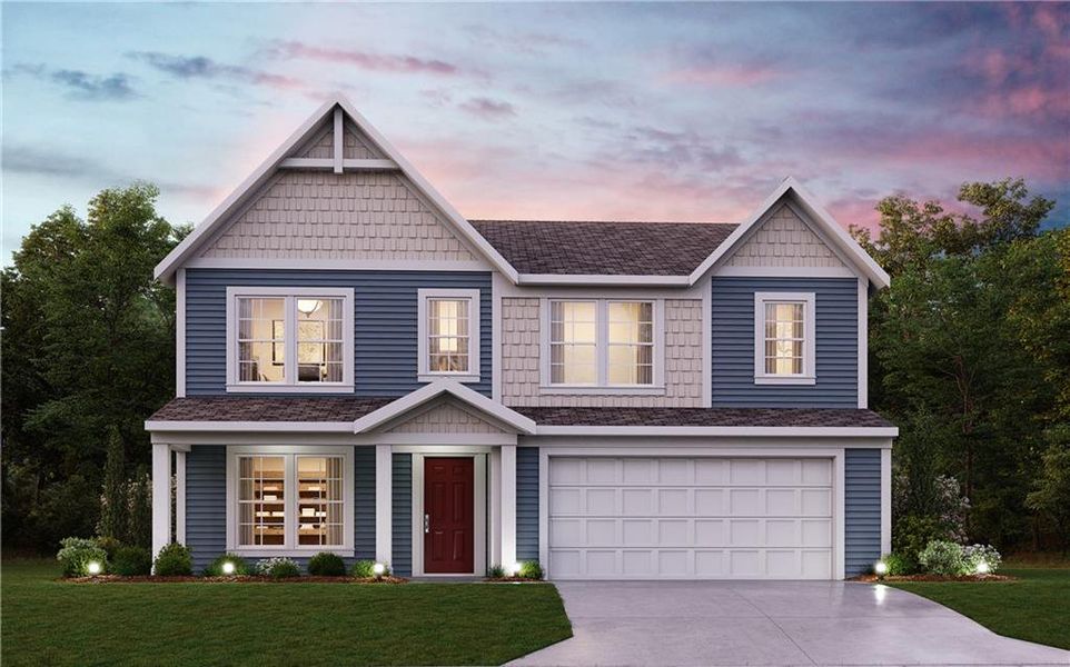 Front exterior of a new home in Twin Lakes, Hoschton, GA, highlighting curb appeal (Image 1). Front exterior of a new home in Twin Lakes, Hoschton, GA, highlighting curb appeal (Image 1).