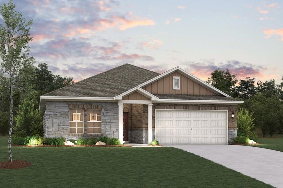 Front exterior of a new home in Classic Collection at Overland Grove, Forney, TX, highlighting curb appeal (Image 1).