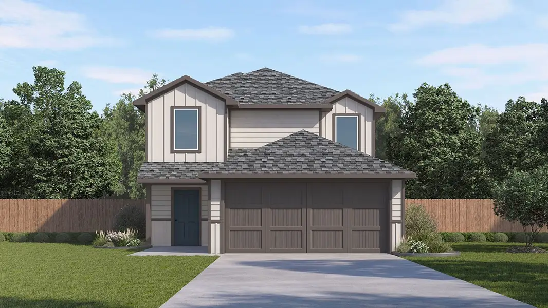 Representative exterior photo of a completed home built from the The Graham by D.R. Horton in Sunset Oaks, Maxwell, TX (Image 1). Representative exterior photo of a completed home built from the The Graham by D.R. Horton in Sunset Oaks, Maxwell, TX (Image 1).