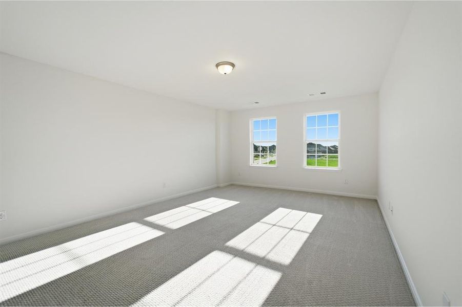 Spacious room featuring two large windows, neutral carpeting, light-toned walls, and a ceiling-mounted light fixture