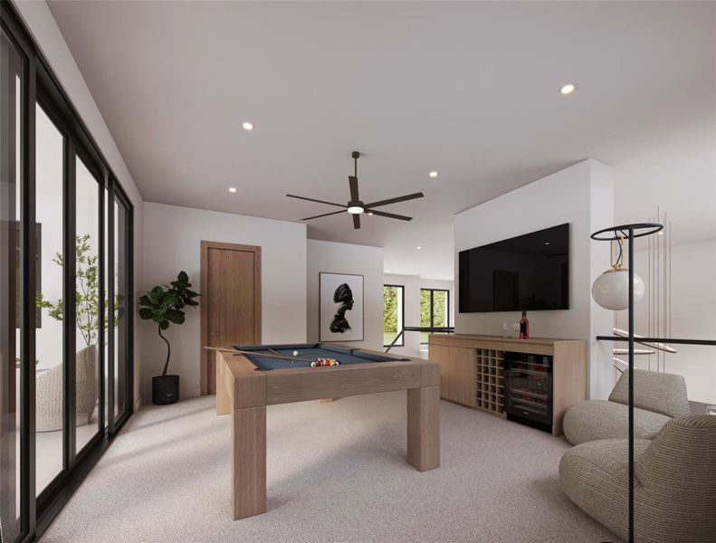 Rec room featuring billiards, light colored carpet, recessed lighting, and a ceiling fan Rec room featuring billiards, light colored carpet, recessed lighting, and a ceiling fan