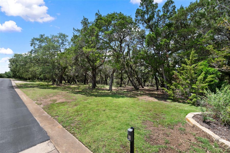 A tranquil lot with mature trees offers a peaceful setting beside a paved roadway. A tranquil lot with mature trees offers a peaceful setting beside a paved roadway.