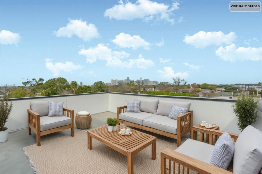 Virtually staged rooftop patio furniture.