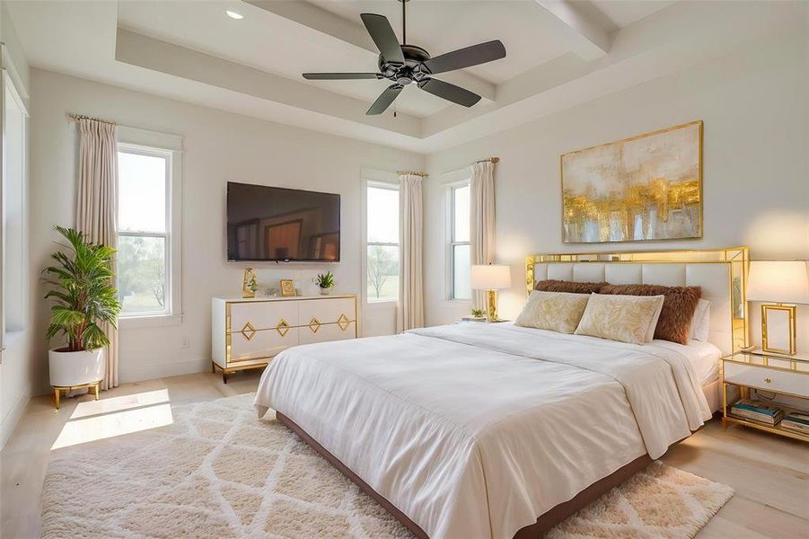 Bedroom featuring multiple windows, wood finished floors, baseboards, beamed ceiling, and ceiling fan Bedroom featuring multiple windows, wood finished floors, baseboards, beamed ceiling, and ceiling fan