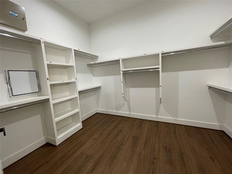 Walk in closet with dark wood-type flooring