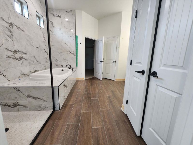 Spacious bathroom featuring wood-finish plank flooring and white doors with matte black hardware